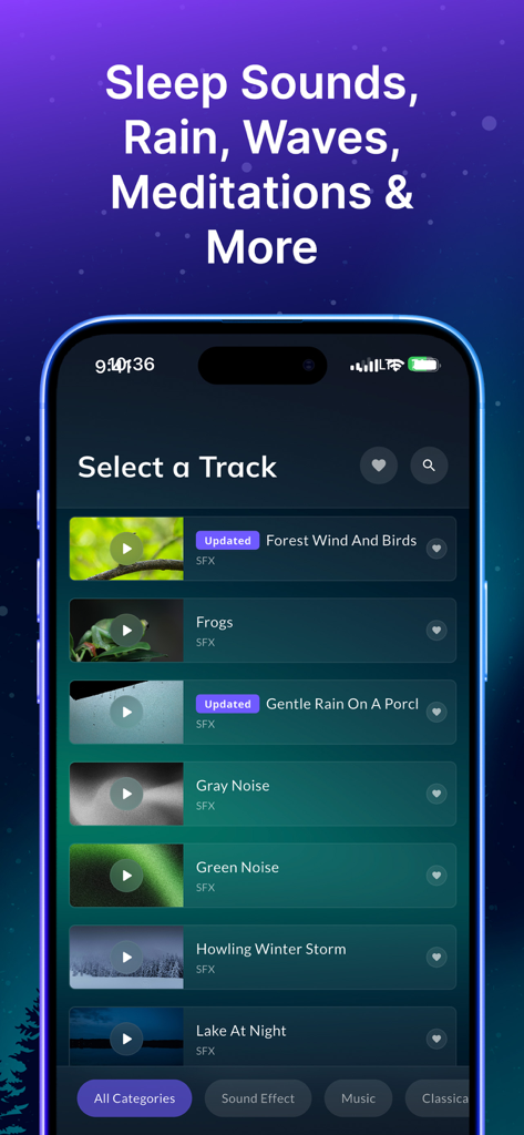 Sleepscape: Sleep Aid Alarm - Sleepscapeアプリのインターフェース。さまざまな自然音とアンビエント睡眠トラックを表示しています。