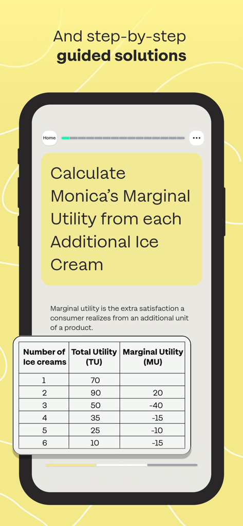 Sharpen - College Exam Prep - Sharpen app interface showing a step-by-step guided solution for an economics marginal utility problem