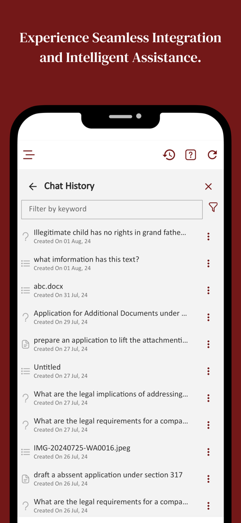Supreme Today AI - Supreme Today AI app chat history showing a list of legal research queries and document analysis sessions