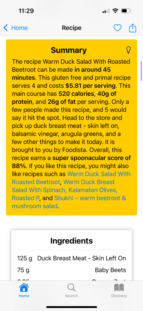 Yum‎ - Recipe summary page of the Yum app showing details for a warm duck salad with nutritional info and ingredients