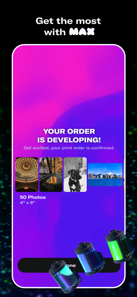 Dispo app screen showing a confirmed order for fifty retro style photo prints developing in the app