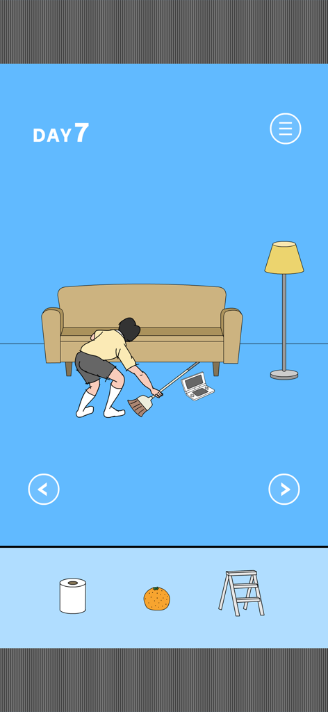 A game character using a broom to find a hidden handheld console under a couch in Hidden my game by mom