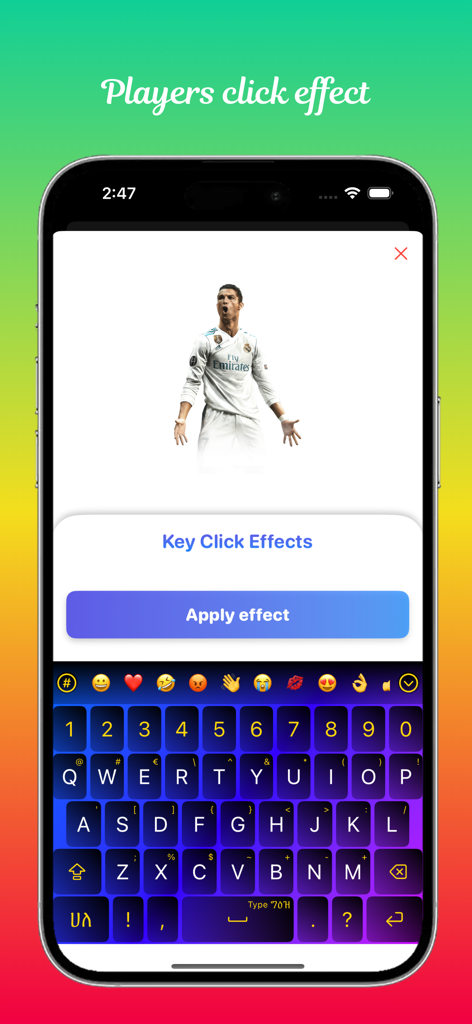 Type Geez Keyboard app interface showing a soccer player click effect theme with a colorful custom keyboard
