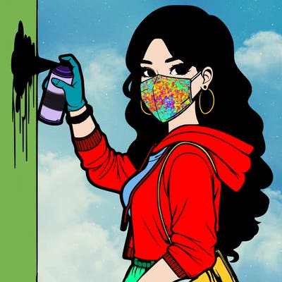 realistic girl with mask spray painting a wall