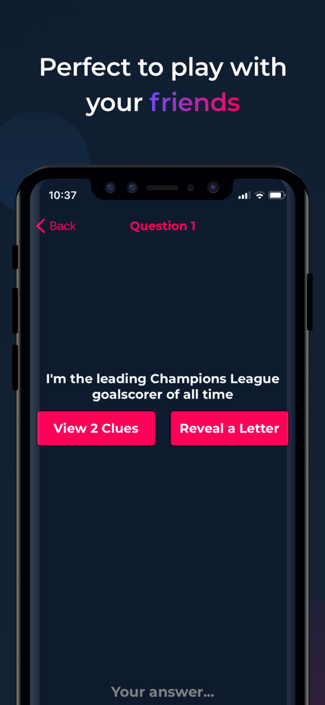 Football Quiz - Who Am I? - Football Quiz app gameplay screen showing a trivia question about the leading Champions League goalscorer with buttons for clues and hints