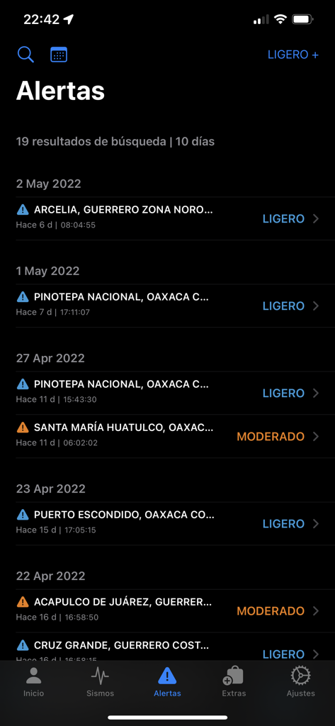 Alerta Sísmica México - SASSLA - Historical list of seismic alerts in Mexico displayed within the SASSLA app showing location and intensity levels