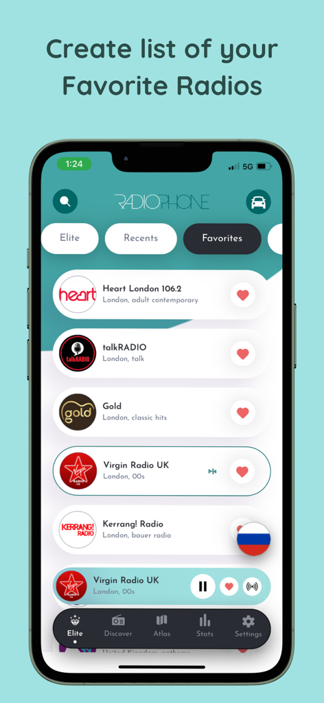 RadioPhone: Live Radio Station - Interfaz de la aplicación RadioPhone que muestra una lista de estaciones de radio favoritas