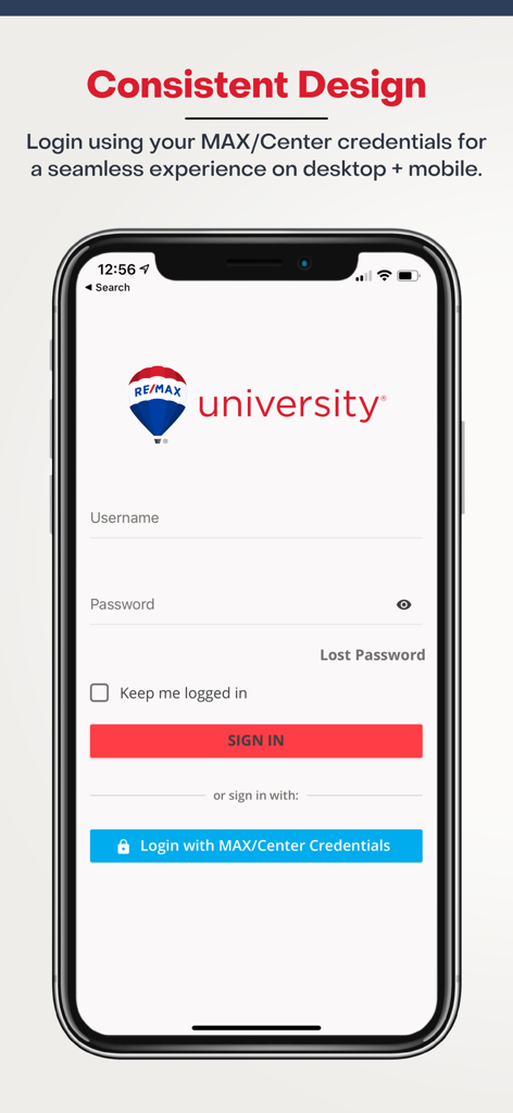 Pantalla de inicio de sesión de la aplicación Universidad RE/MAX con un formulario de nombre de usuario y contraseña y un botón para iniciar sesión con las credenciales de MAX Center