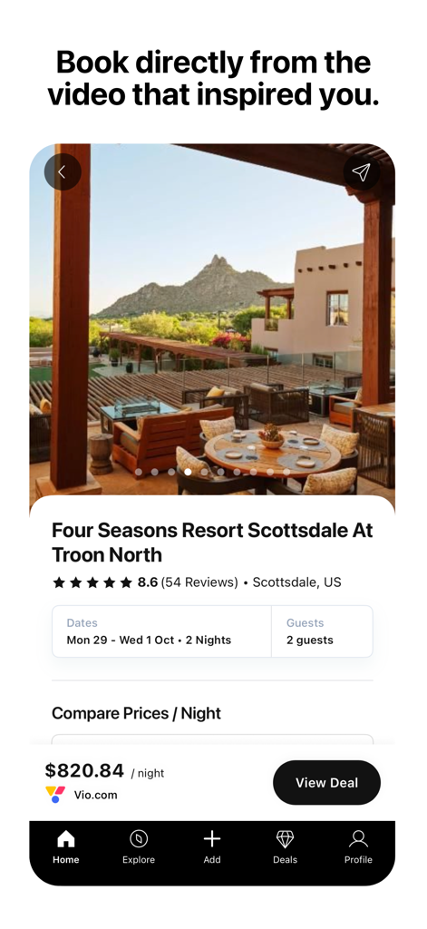 Mobile app interface showing hotel booking for Four Seasons Resort Scottsdale with price and deal options
