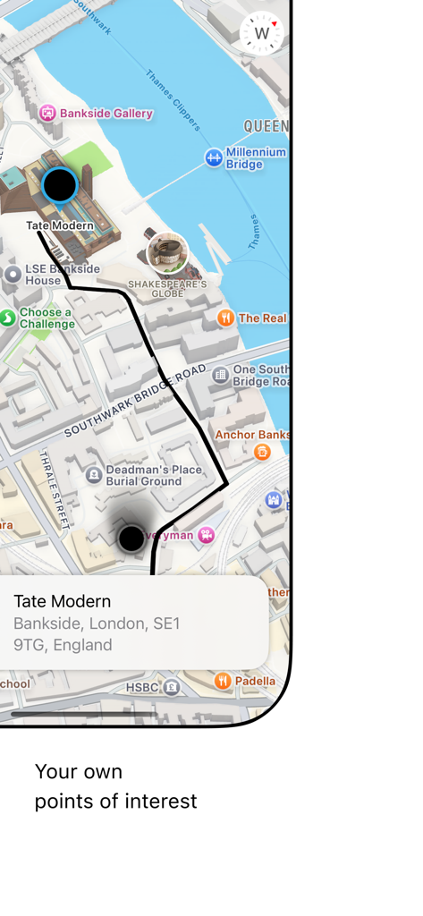 Mobile Kartenoberfläche zeigt eine benutzerdefinierte Route und einen Point of Interest für die Tate Modern in London