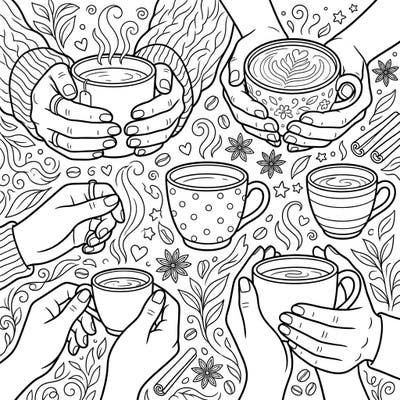 Savor the comforting feeling of a warm drink with this delightful coloring page featuring various hands gently holding coffee and tea cups. Dive into a world of cozy patterns and aromatic details, perfect for a relaxing coloring session.