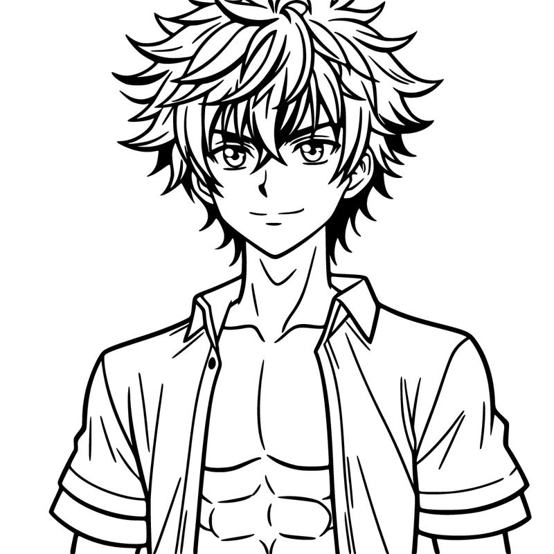 anime boy with abs, messy hair