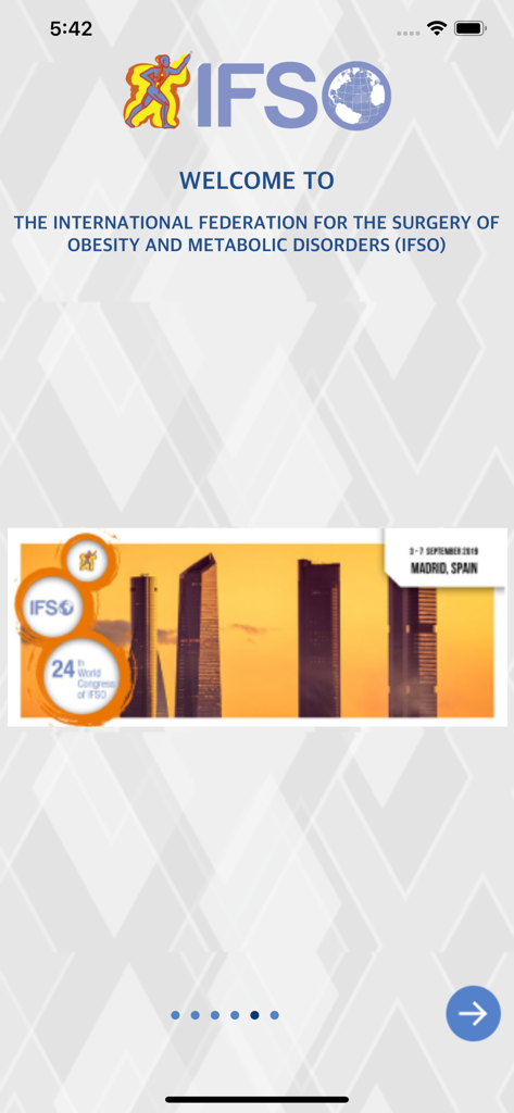 IFSO - Welcome screen of the IFSO app featuring the federation logo and a banner for the World Congress in Madrid