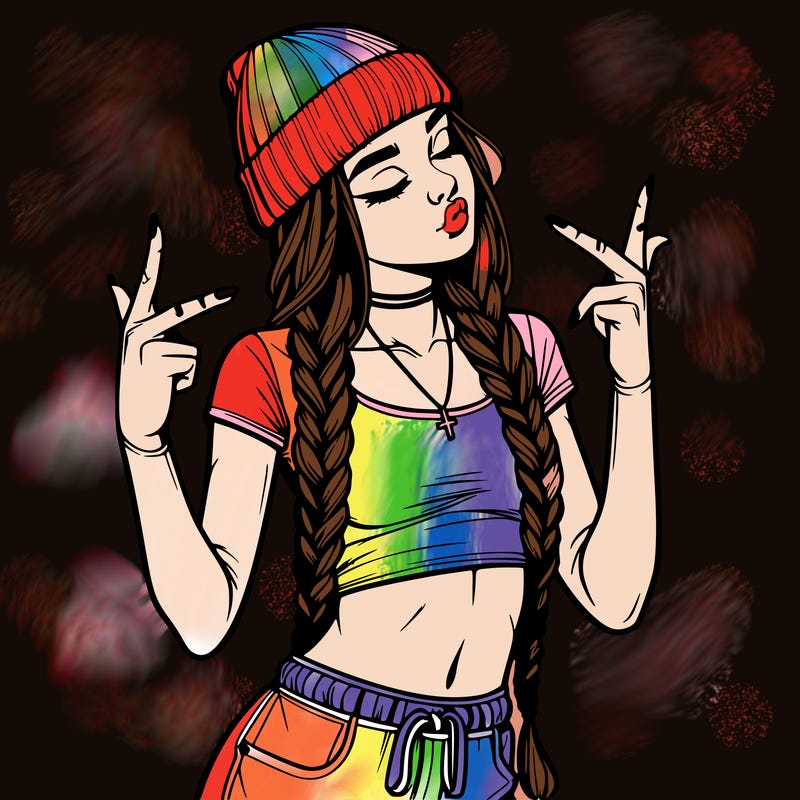 realistic teenage girl with braids and a beanie and crop top doing 🫶🏼
