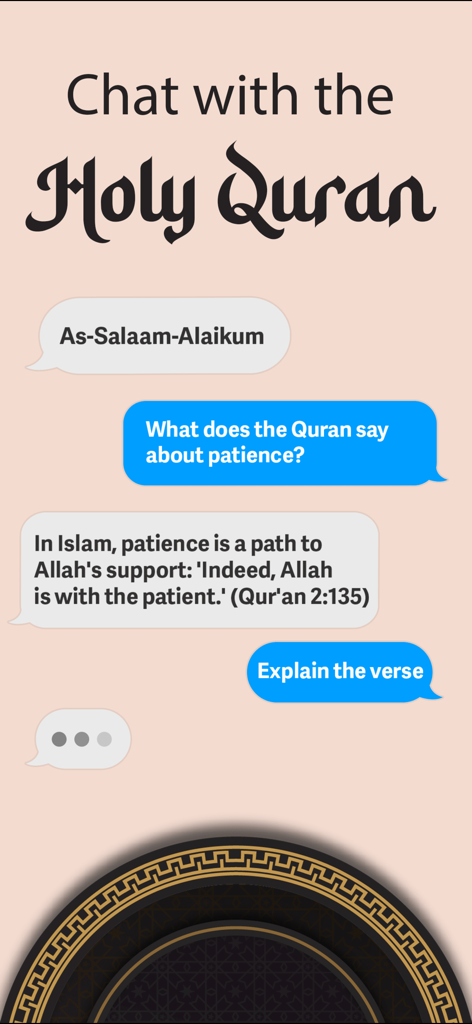 A screenshot of the Quran Chat app showing an AI conversation interface asking about patience in Islam.