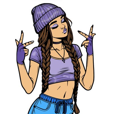 realistic teenage girl with braids and a beanie and crop top doing 🫶🏼
