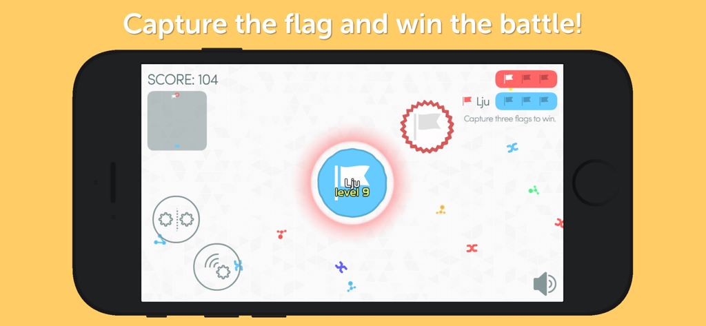 A smartphone displaying Mitos.is gameplay in Capture the Flag mode with a blue cell holding a flag.
