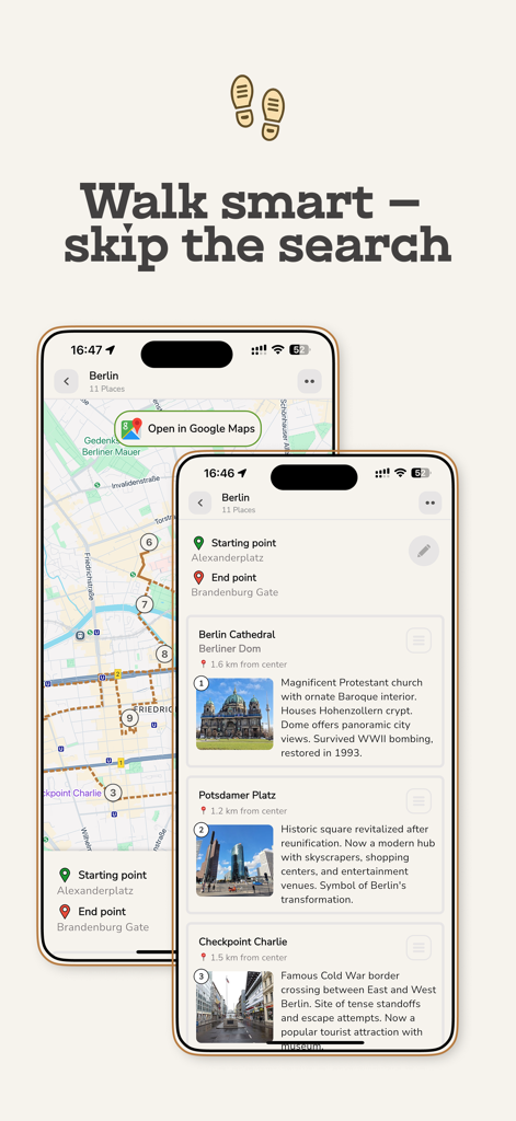 Walky: Walking Tours & Routes - Interfaz de la aplicación móvil Walky que muestra un mapa de paseo y una lista de puntos de interés para Berlín