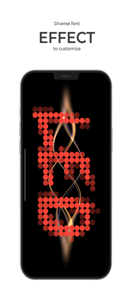 Smartphone mostrando un efecto de texto LED vertical rojo con un fondo de llama