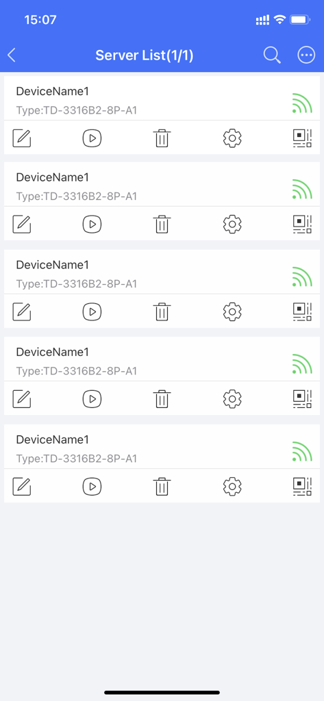 SuperCam Plus - Eine Liste der verbundenen Überwachungskameraserver und Verwaltungsoptionen in der SuperCam Plus-App