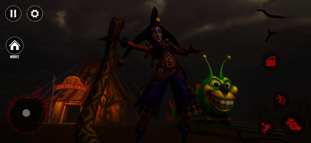 The Viper’s Whisper - A sinister jester and giant snake tail in an abandoned carnival from The Viper's Whisper mobile game.