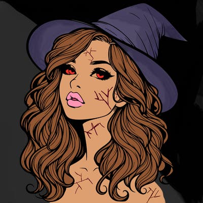 realistic witch girl with wavy hair and lips