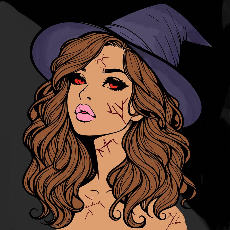realistic witch girl with wavy hair and lips