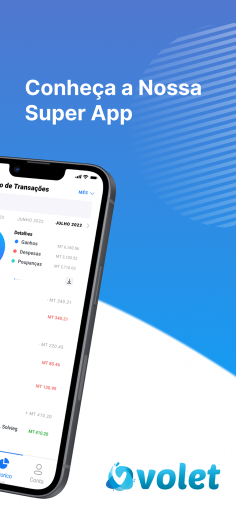 Pantalla de smartphone que muestra el panel de control de la super app VOLET con el historial de transacciones financieras en portugués