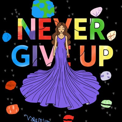 a girl with a really long dress and her eyes closed and letters behind her that say never give up
