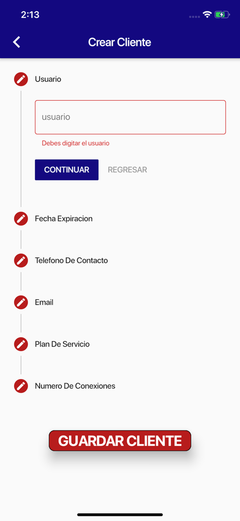 Interface of the IPTV Control app showing the form to add a new client including fields for username and service plan.