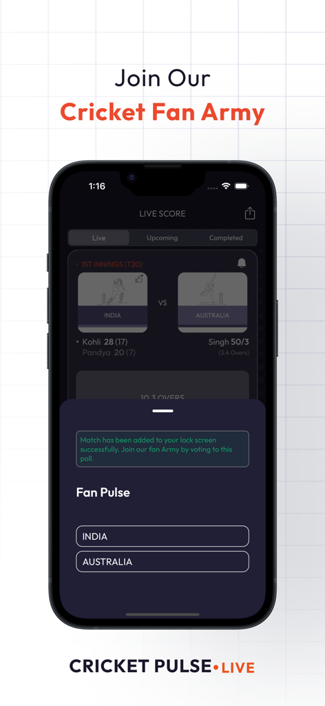 Cricket Pulse - Live Scores - Cricket Pulse app interface featuring a Fan Pulse poll for an India vs Australia match