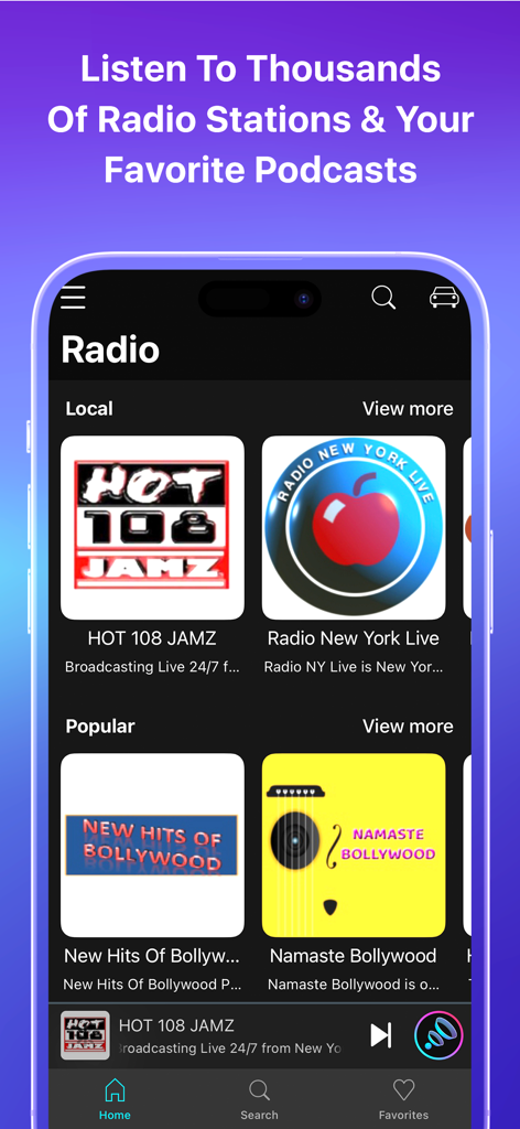 Boom app interface displaying a selection of local and popular radio stations and podcasts