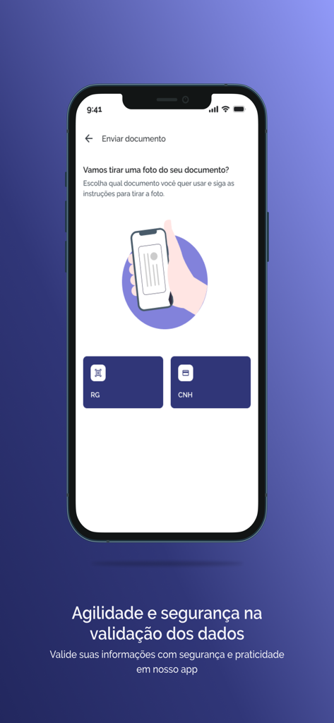 FGC app screen showing identity document upload options for RG and CNH with secure validation instructions