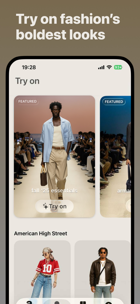 Aesty: AI Outfit Maker - Aesty app interface showing the virtual try on feature with fall essentials and runway fashion looks