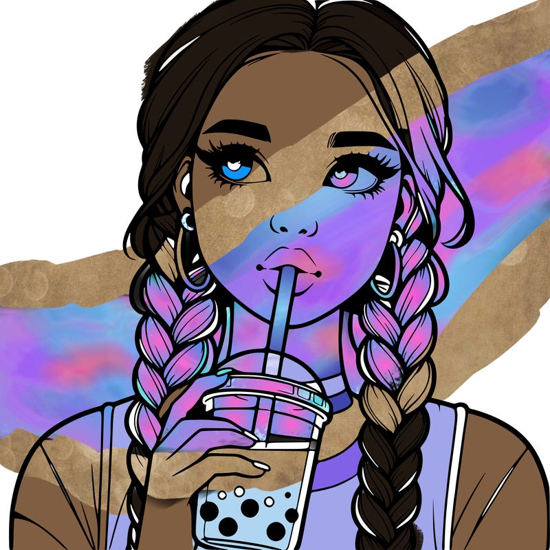 realistic girl with braided hair drinking boba