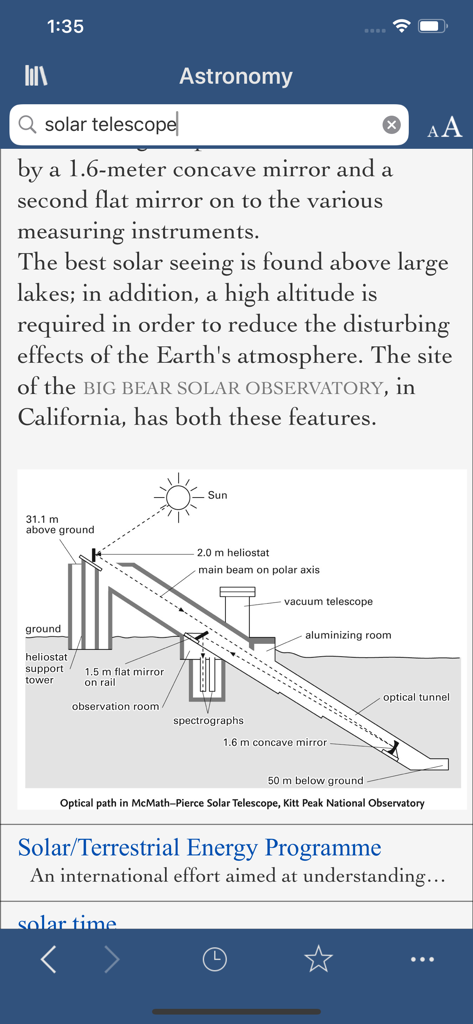 Collins Subject Dictionaries - Technical entry and diagram of a solar telescope within the Collins Astronomy Dictionary app