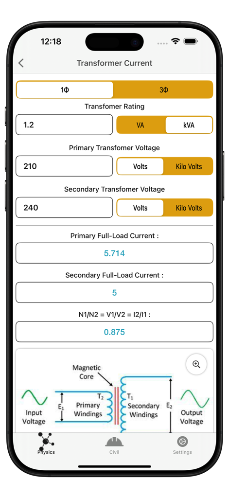 My Physics Calculator - Transformer Current calculator in My Physics Calculator app showing electrical input fields and load calculations.