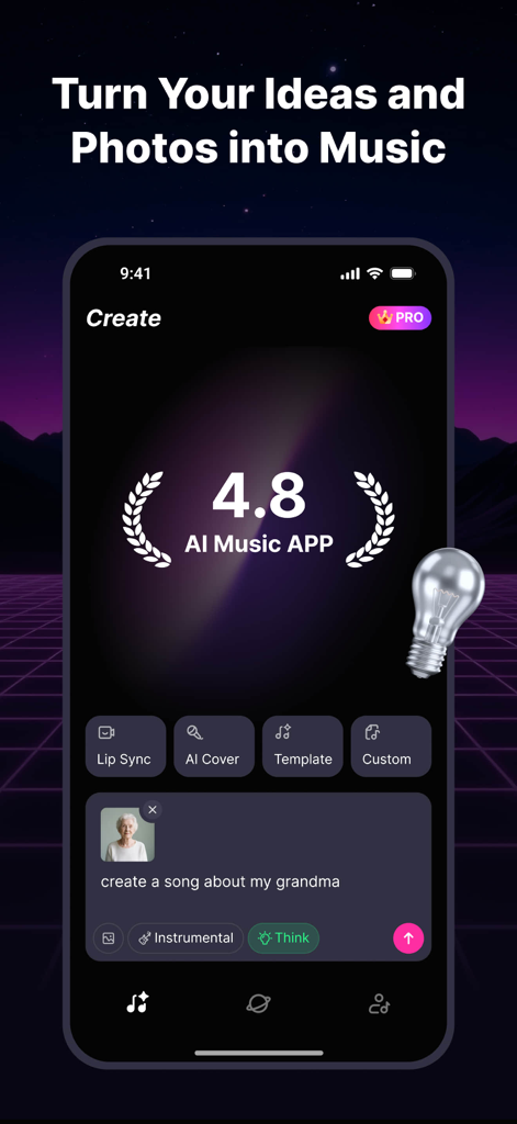 Interface do aplicativo Tad AI Music Generator mostrando opções para transformar ideias e fotos em música com IA