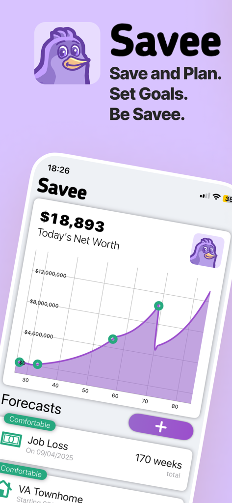 Savee - Plan For The Future - Savee app dashboard showing a net worth growth chart and financial scenario forecasts for job loss and purchasing a home