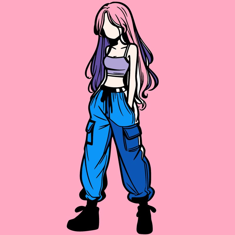 girl in baggy pants crop top and long hair