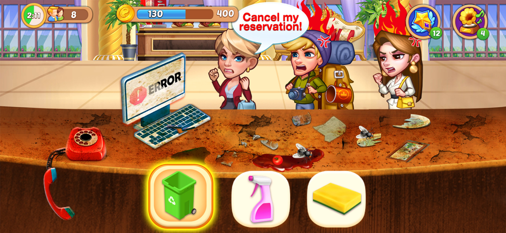 Hotel Craze® Design Makeover - Hotel Craze Design Makeoverで、散らかったホテルの受付デスクで怒ったゲストが待っており、掃除用具が利用可能です