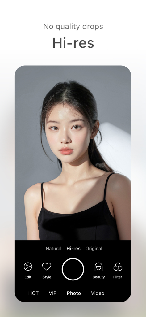 SODAアプリのナチュラルビューティーカメラエフェクトと高解像度モードを示す、高解像度の女性のポートレート