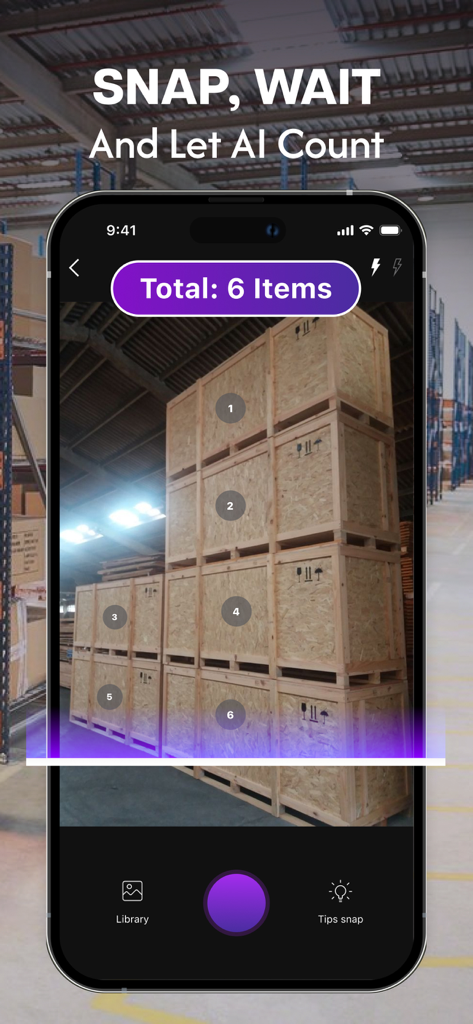 Smartphone app interface using AI to count wooden crates in a warehouse with numbered tags on each item