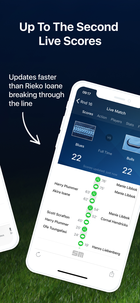 App Union Live che mostra risultati di partite di rugby in tempo reale e una timeline dettagliata della partita