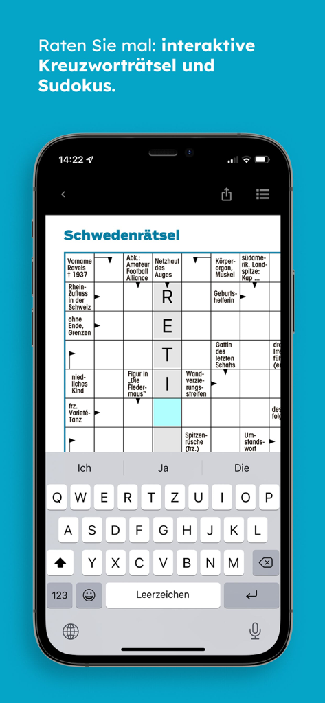 MOZ.de - Smartphone screen showing an interactive crossword puzzle in the MOZ.de app