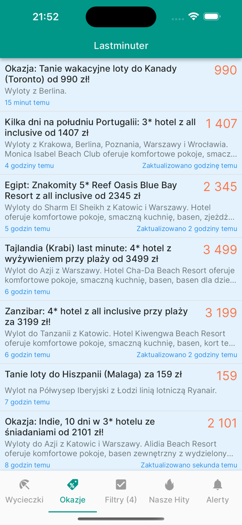 Screenshot of the Lastminuter app showing a list of travel deals and vacation offers with prices in Polish Zloty