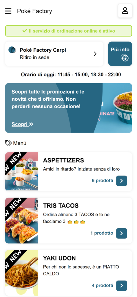 Poké Factory - The home screen of the Poke Factory mobile app showing menu categories for appetizers tacos and udon with online ordering status