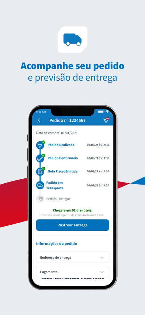 Screenshot of the Dental Cremer app order tracking screen showing real-time status from order placed to delivery estimation.
