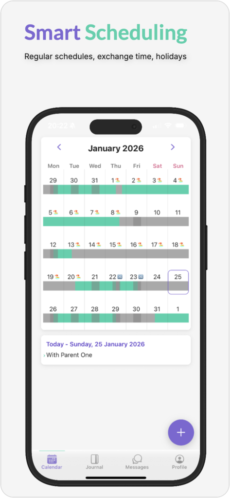 CoPals - Interfaz de la aplicación CoPals de programación inteligente que muestra un calendario de custodia mensual.