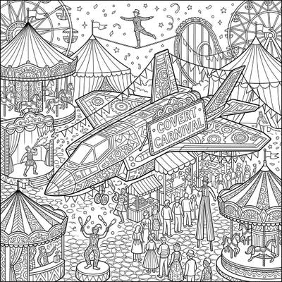 Prepare for a coloring experience like no other with this extraordinary Stealth Craft Carnival design. Immerse yourself in a world where advanced technology meets the whimsical fun of a bustling fairground.